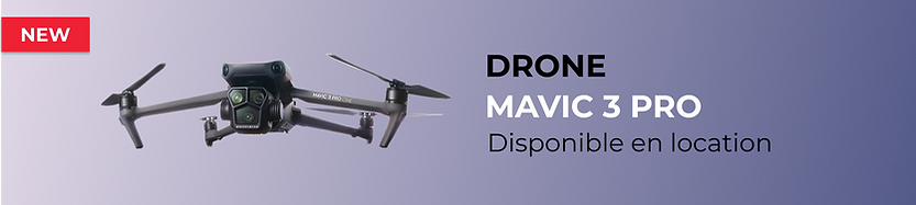 Bannière de location du drone DJI Mavic 3 Pro avec la mention 'Nouveau' sur fond violet