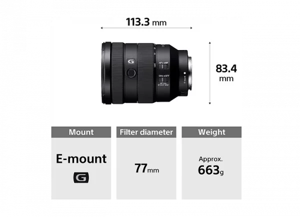 Description des caractéristiques physiques du zoom Sony 24-105mm F4 G OSS