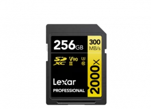 Carte mémoire SDXC Lexar Professional de 256 Go avec une vitesse de transfert de 300 MB/s, classe de vitesse V90 et UHS-II, présentée sur un fond transparent