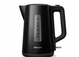 Bouilloire électrique noire Philips avec une jauge de niveau d'eau et un design épuré, idéale pour une utilisation domestique