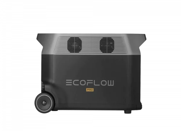 Vue latérale de l'EcoFlow DELTA Pro 3600W, mettant en évidence son design compact et ses capacités de refroidissement avec des grilles d'aération, ainsi que la roue pour faciliter le transport