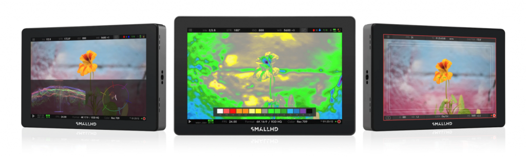 Trois moniteurs SMALLHD INDIE 7 affichant différents outils d'évaluation de l'image pour la vidéographie professionnelle