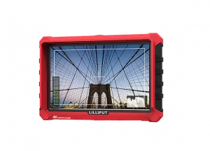 Moniteur Lilliput Ecran IPS 7" Full HD Avec bords rouges diffusant l'image du Pont de Brooklyn en location