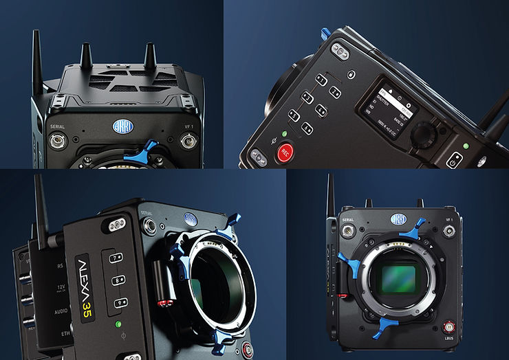 Quatre angles d'une caméra ARRI ALEXA 35, montrant les détails techniques et la conception ergonomique