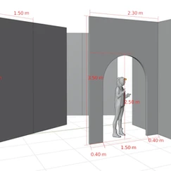 Maquette 3D d'un espace intérieur avec dimensions, montrant un personnage humain en position debout sous une arche, entouré de murs gris avec des annotations de mesure en rouge